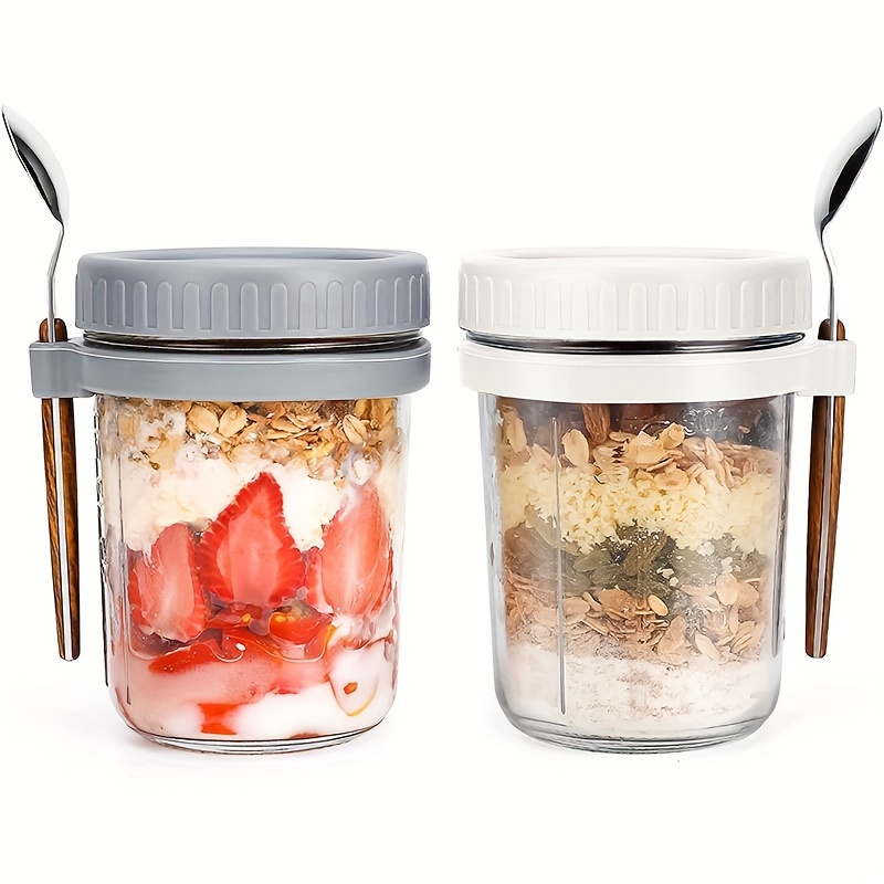 Salad Container Jar - 1개/2개 유리 오트밀 컵, 뚜껑과 스푼이